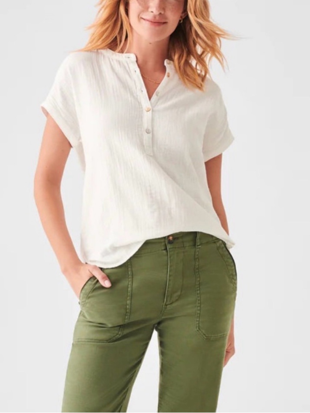 Faherty White Short-Sleeve Cotton Henley Blouse